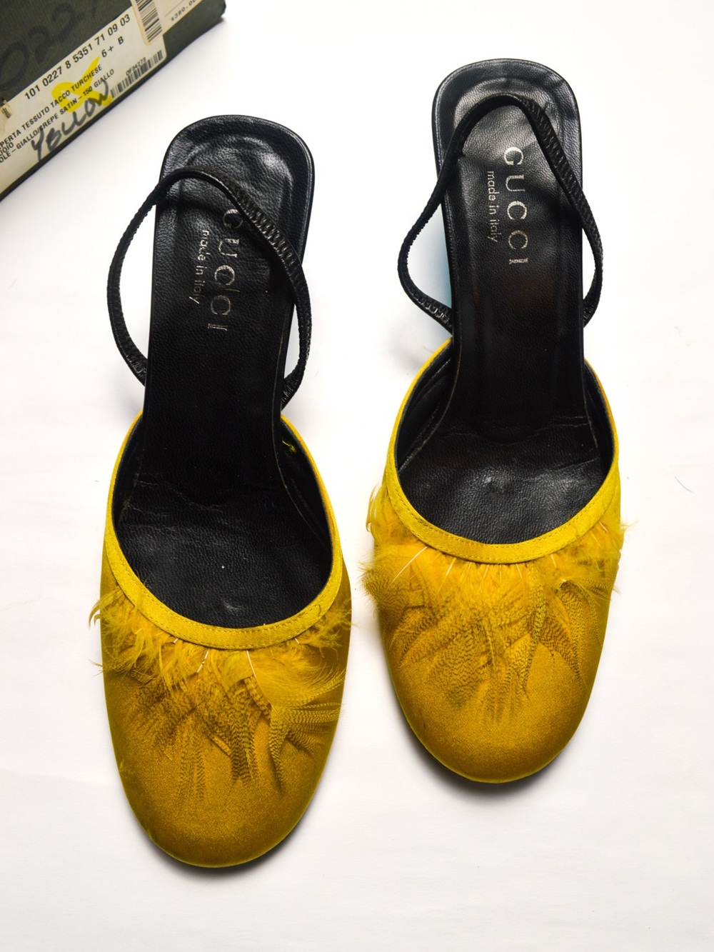 Gucci Yellow Feather Slingback Pumps with Turquoise Heel